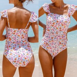 NWOT Ruffle Shoulder One Piece Bathing Suit Belted Leopard Color Block Swimsut M